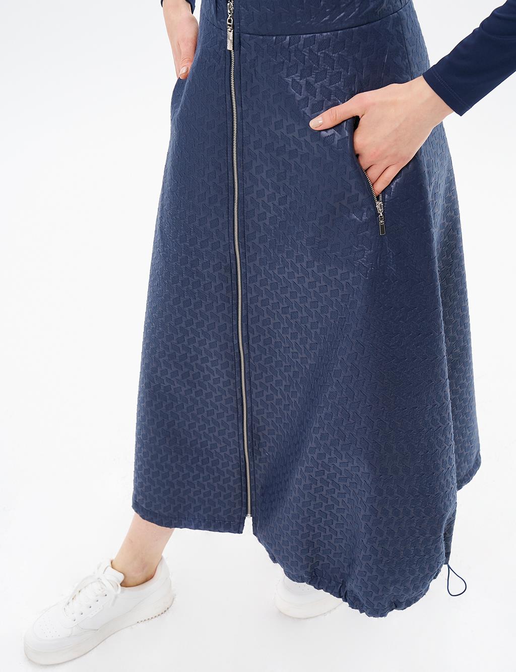 Houndstooth Patterned Flared Skirt Navy Blue