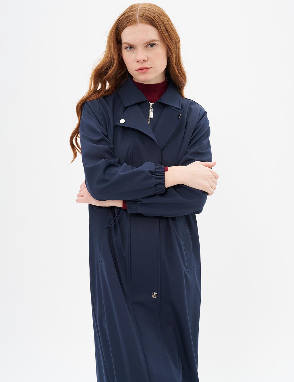 Elastic Waist Drawstring Topcoat Dark Navy Blue