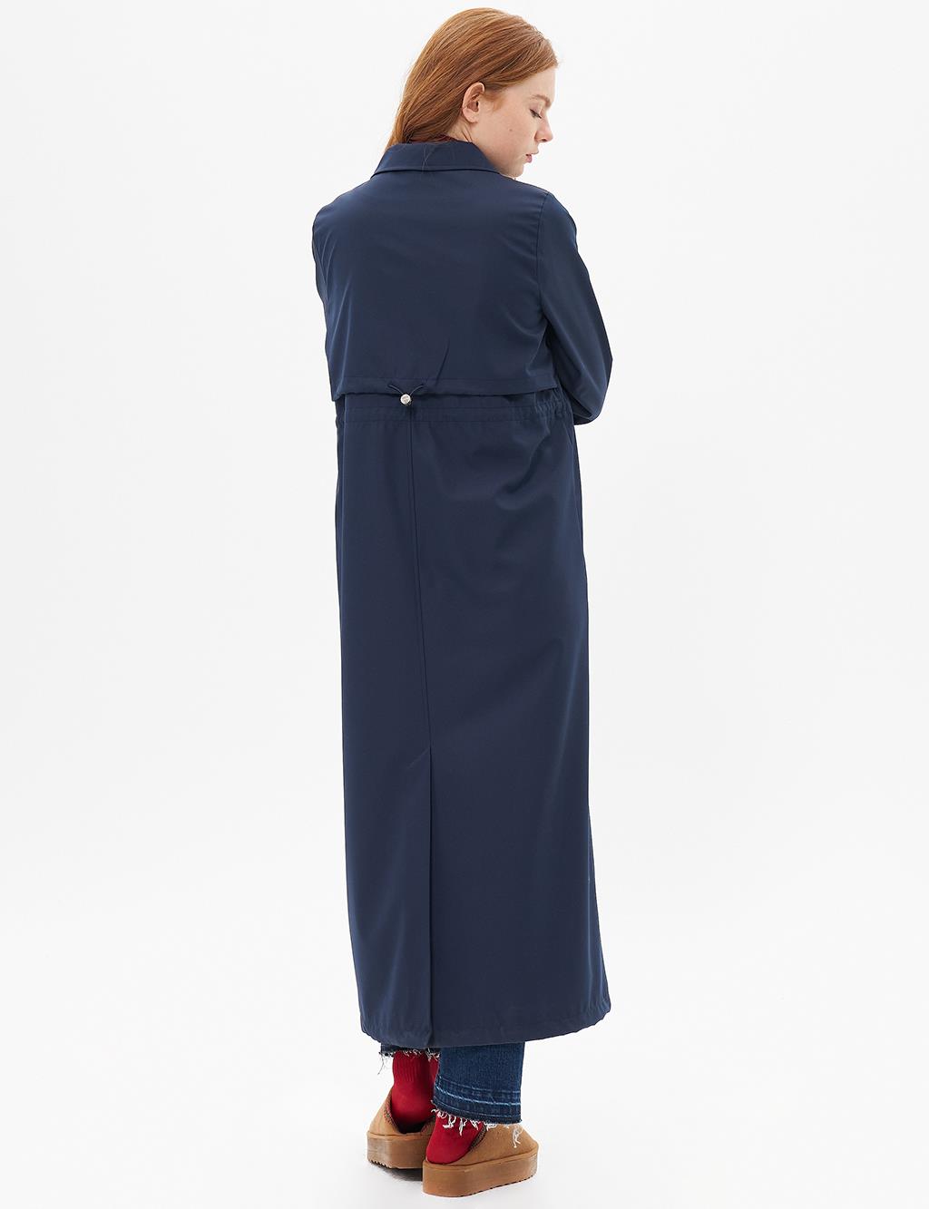 Elastic Waist Drawstring Topcoat Dark Navy Blue