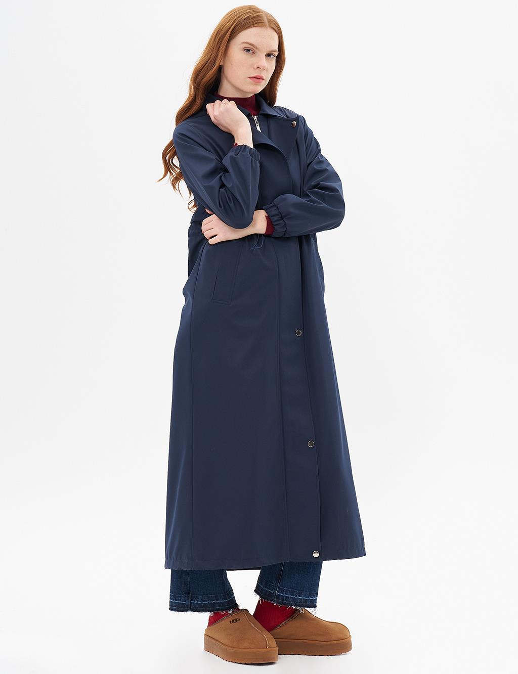 Elastic Waist Drawstring Topcoat Dark Navy Blue