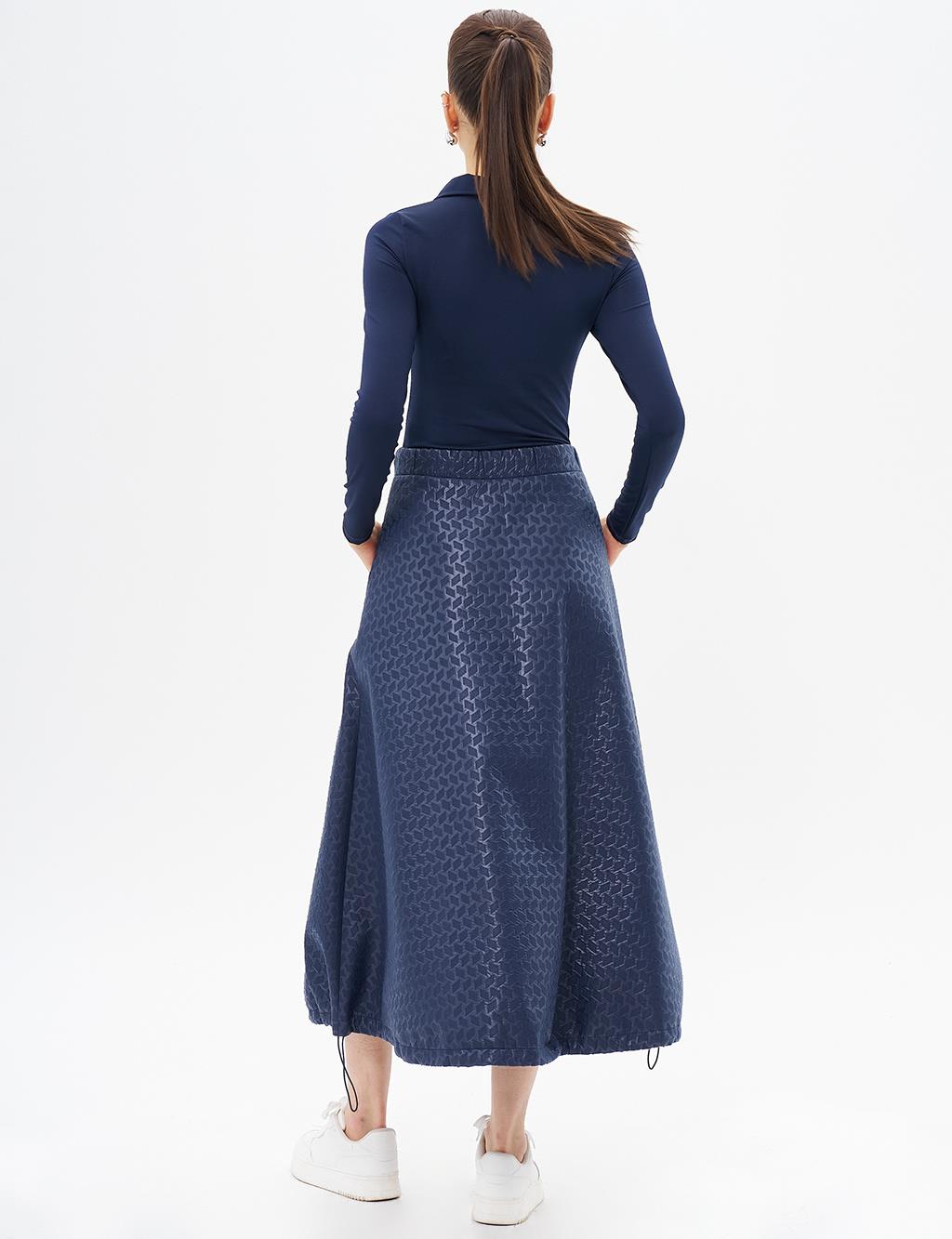 Houndstooth Patterned Flared Skirt Navy Blue