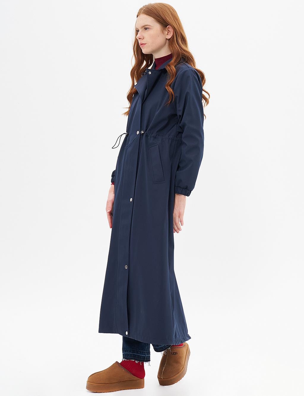 Elastic Waist Drawstring Topcoat Dark Navy Blue