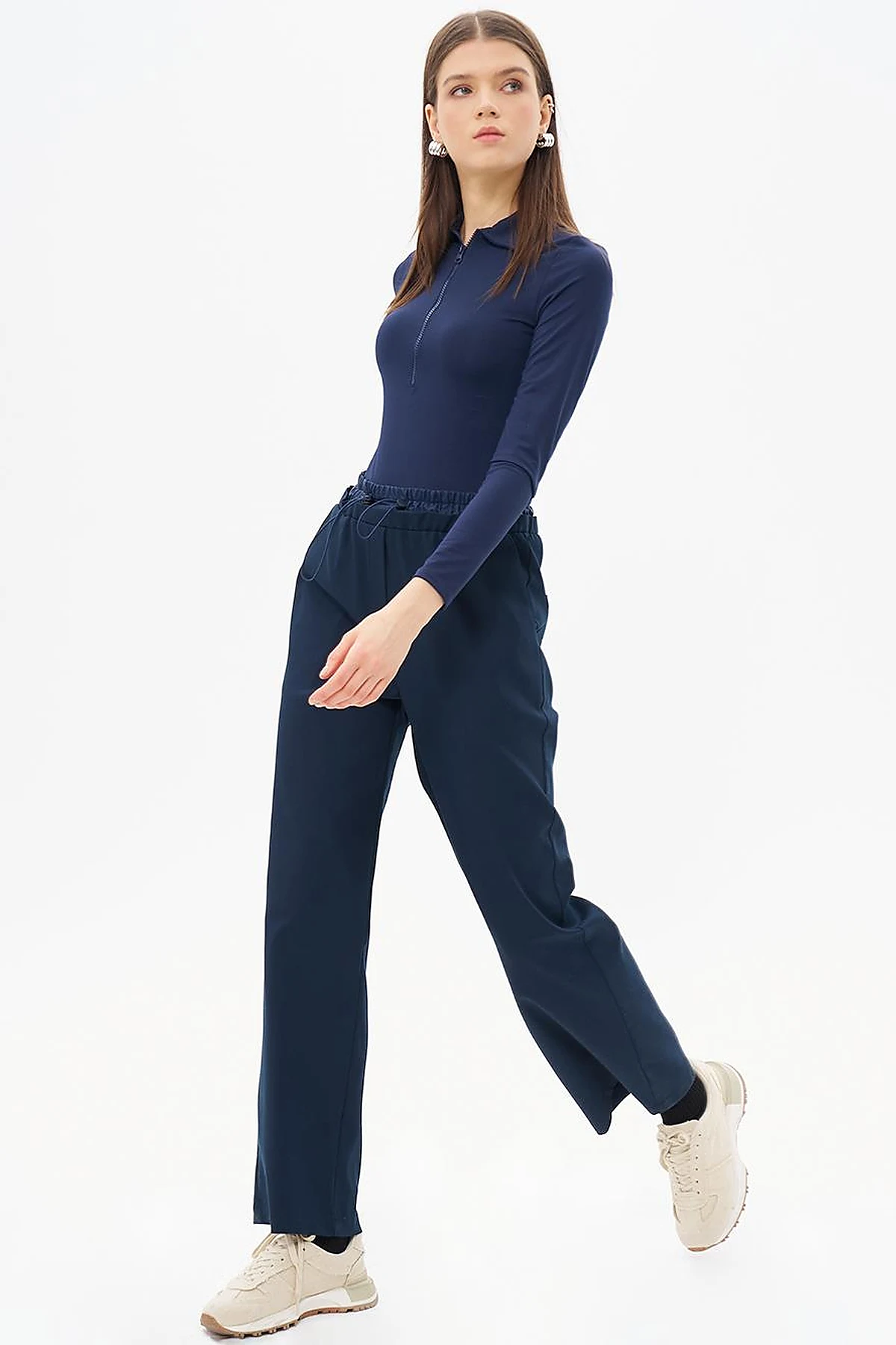 Waist Elastic Garnished Trousers Dark Navy Blue
