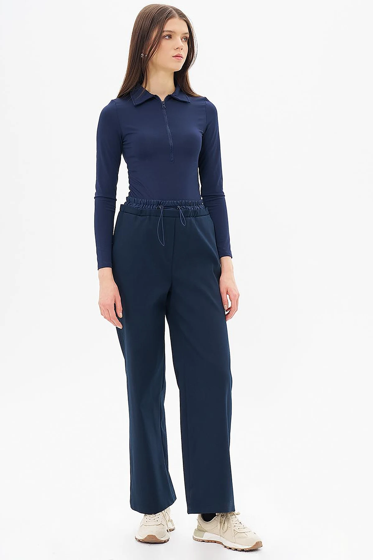 Waist Elastic Garnished Trousers Dark Navy Blue