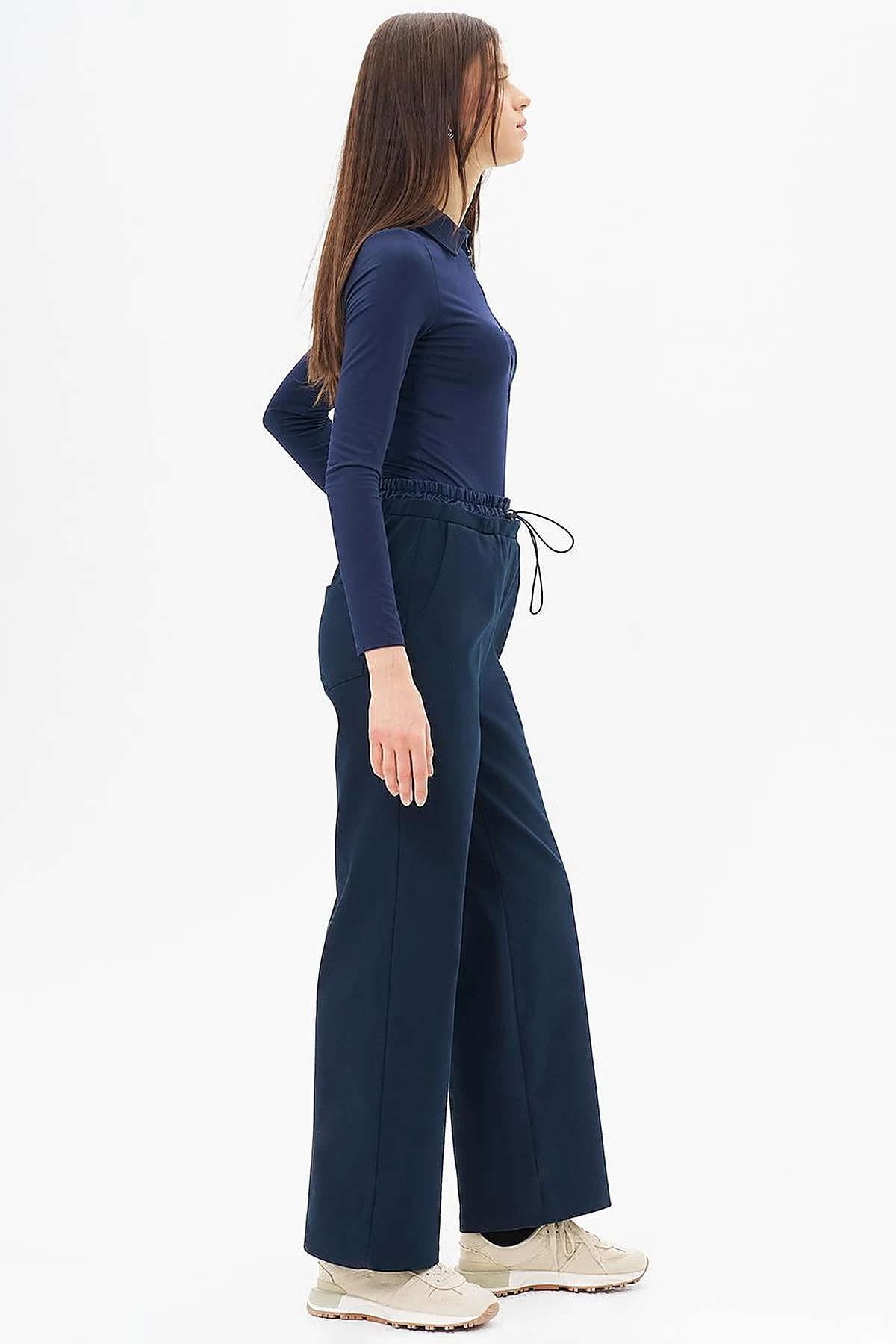 Waist Elastic Garnished Trousers Dark Navy Blue