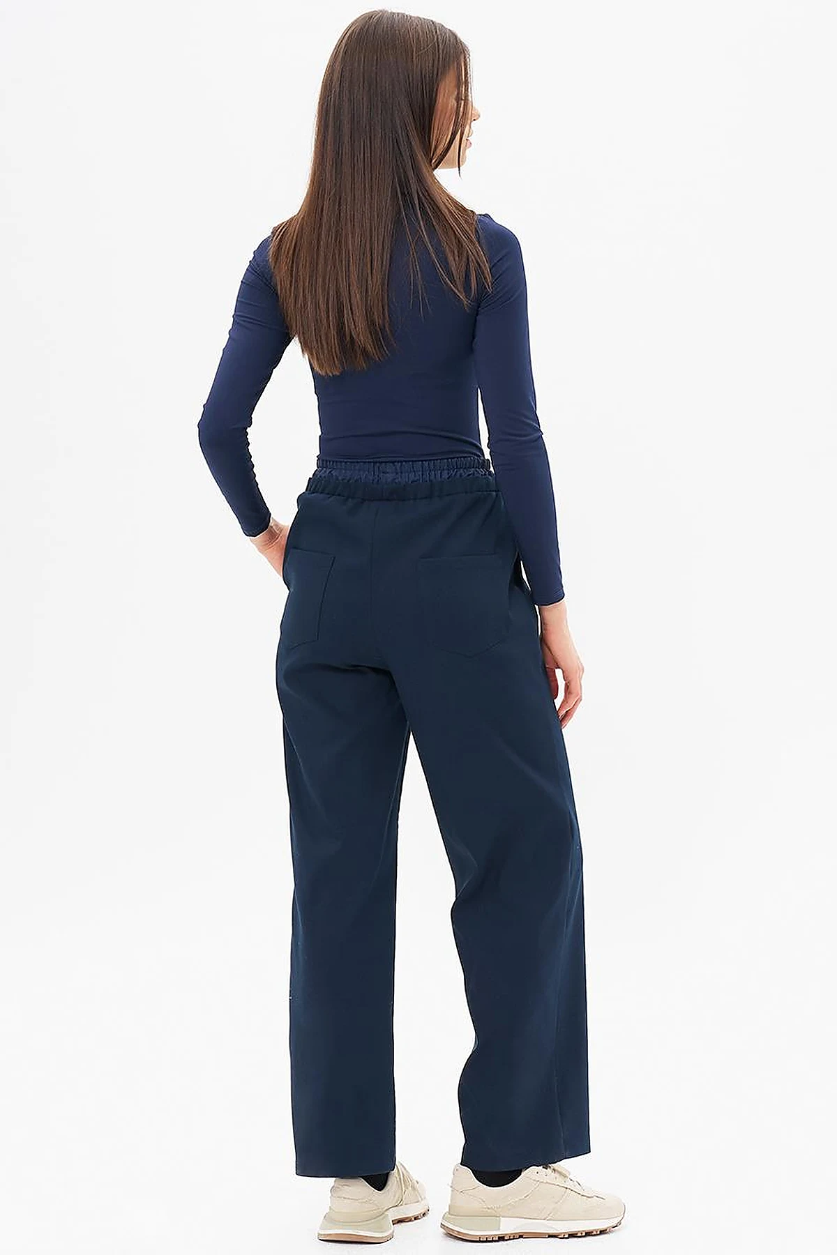 Waist Elastic Garnished Trousers Dark Navy Blue