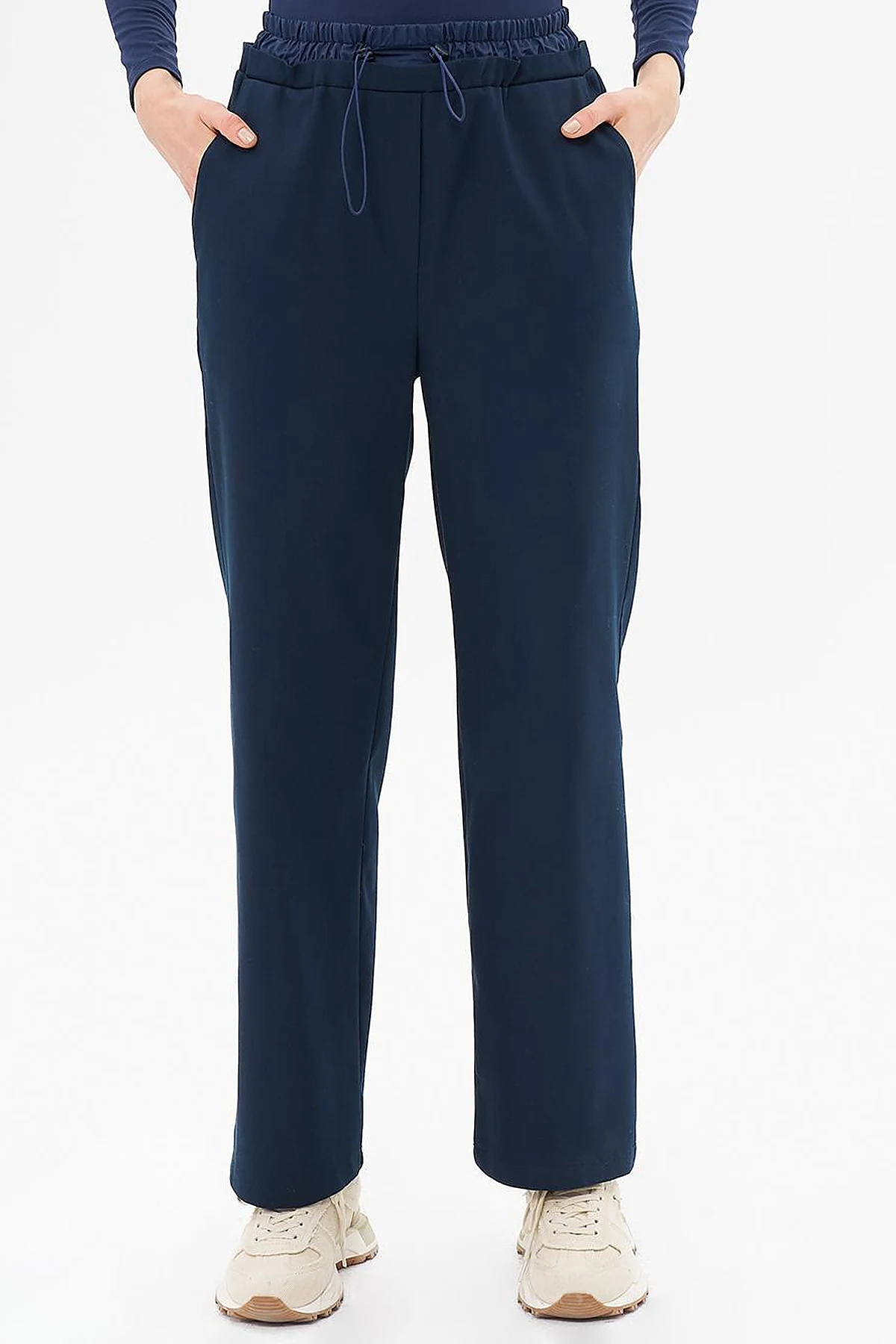Waist Elastic Garnished Trousers Dark Navy Blue