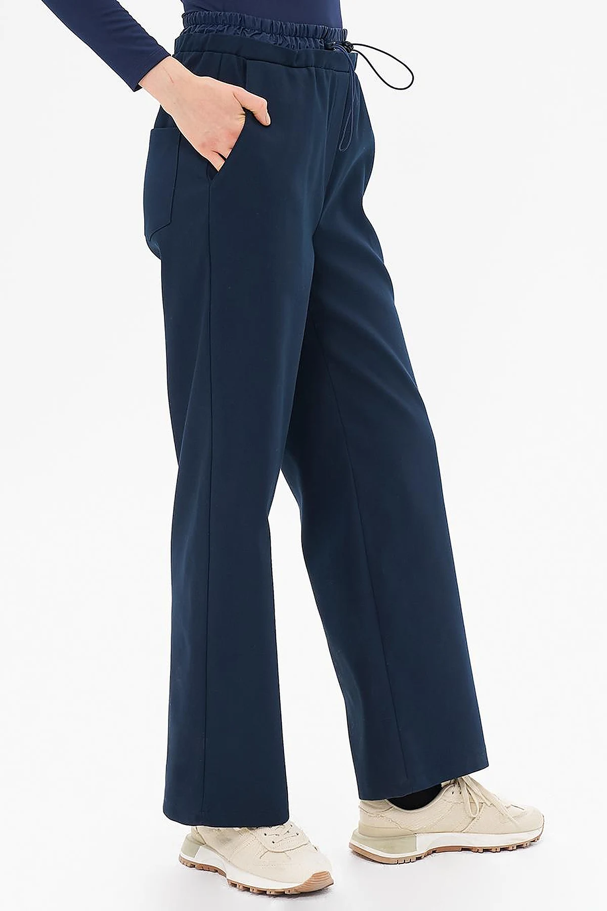 Waist Elastic Garnished Trousers Dark Navy Blue