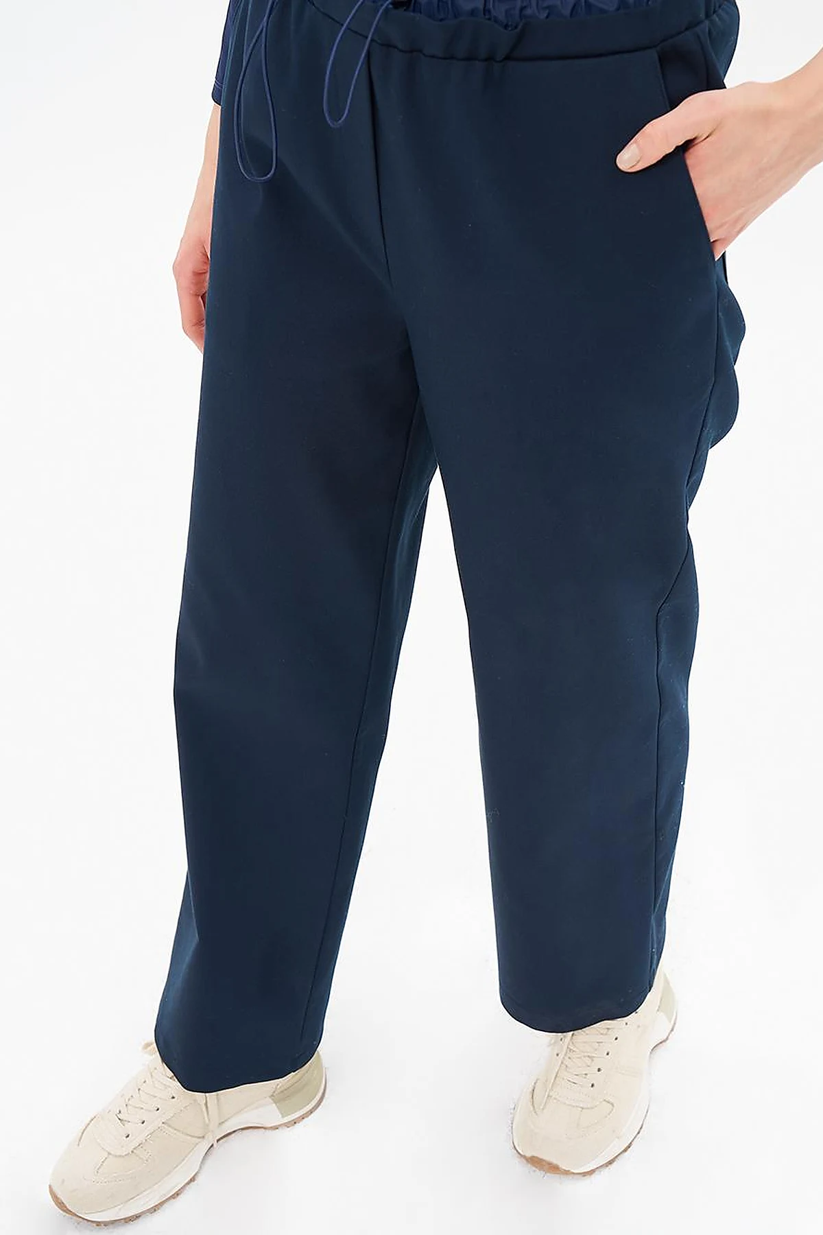 Waist Elastic Garnished Trousers Dark Navy Blue