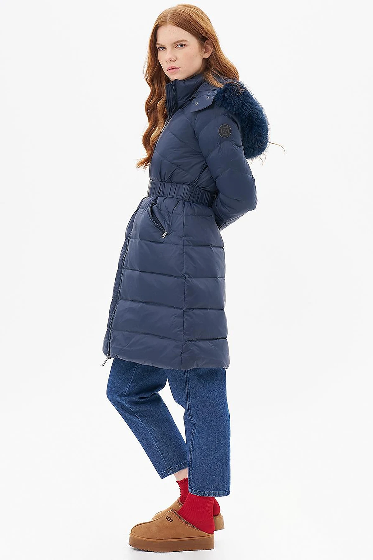 Zipped Pocket Detailed Goose Feather Coat Navy Blue