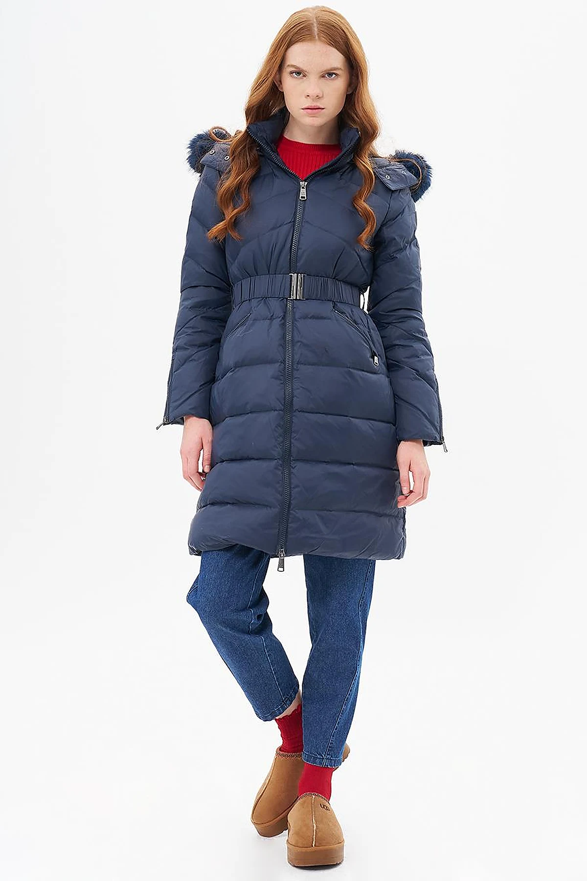Zipped Pocket Detailed Goose Feather Coat Navy Blue