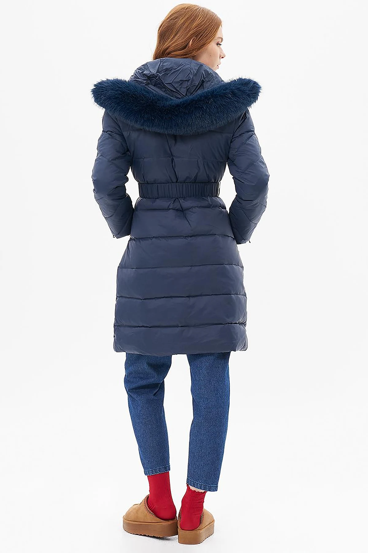 Zipped Pocket Detailed Goose Feather Coat Navy Blue
