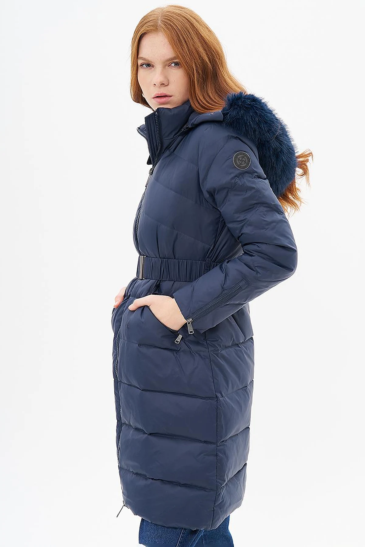 Zipped Pocket Detailed Goose Feather Coat Navy Blue