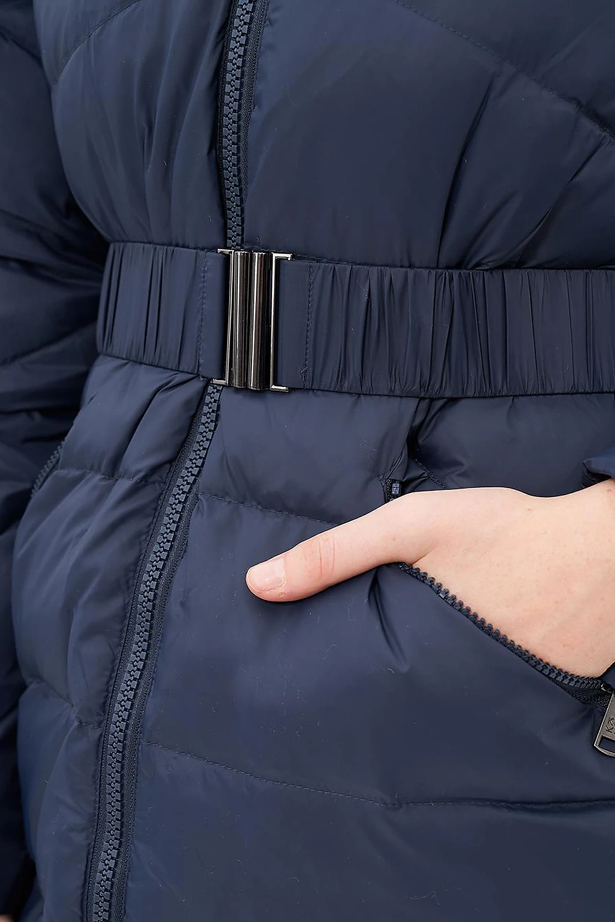 Zipped Pocket Detailed Goose Feather Coat Navy Blue