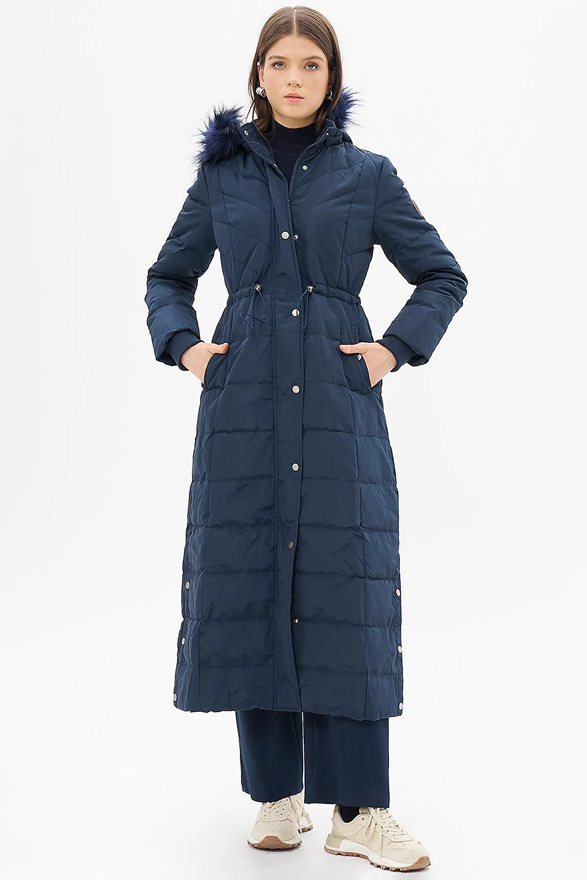 Faux Fur Goose Feather Coat Navy Blue