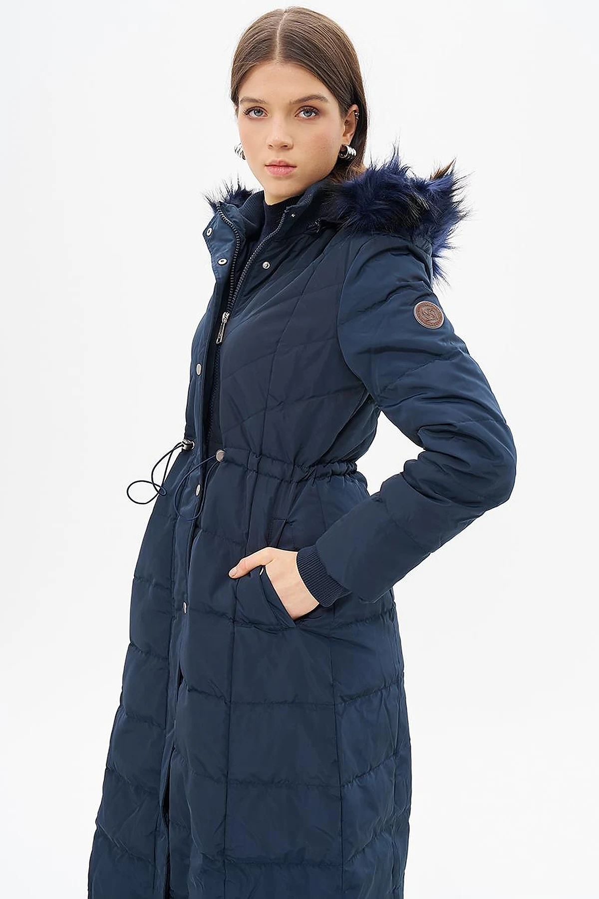 Faux Fur Goose Feather Coat Navy Blue