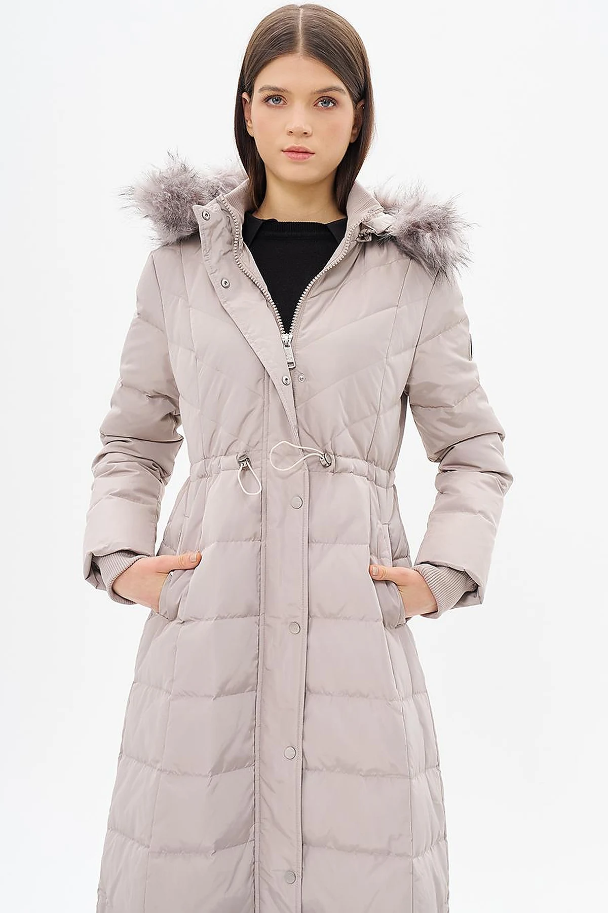 Faux Fur Goose Feather Coat Stone