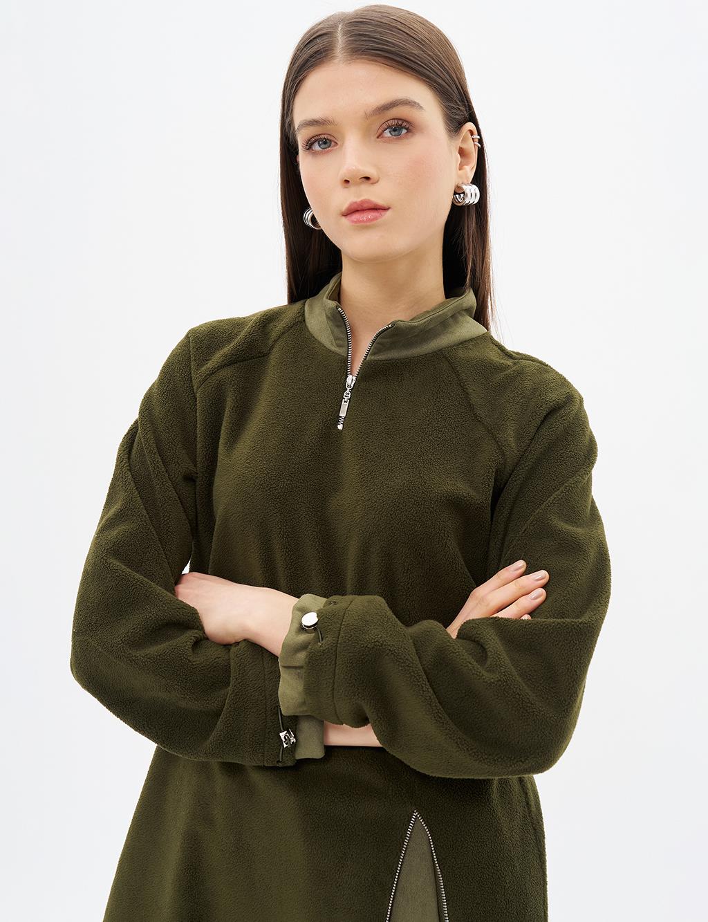 Zipper Detailed Plush Sweatshirt Khaki