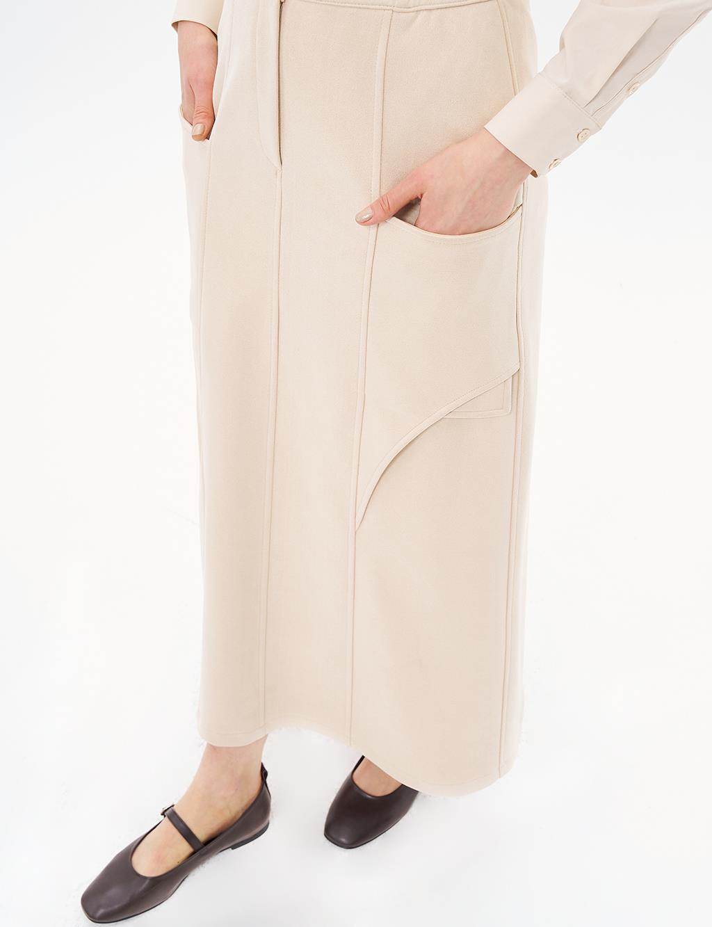 Elastic Waisted Suede Skirt Cream