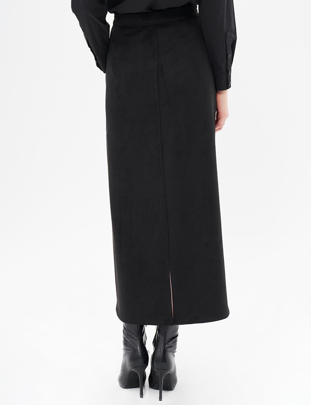 Elastic Waisted Suede Skirt Black