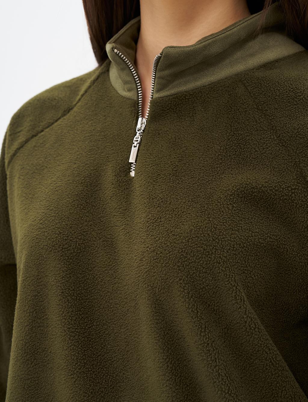 Zipper Detailed Plush Sweatshirt Khaki