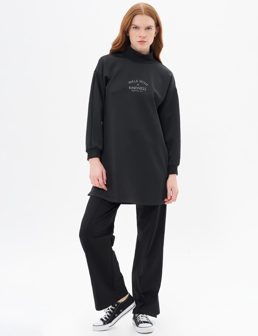 Belted and Slogan Embroidered Scuba Sweatshirt Black