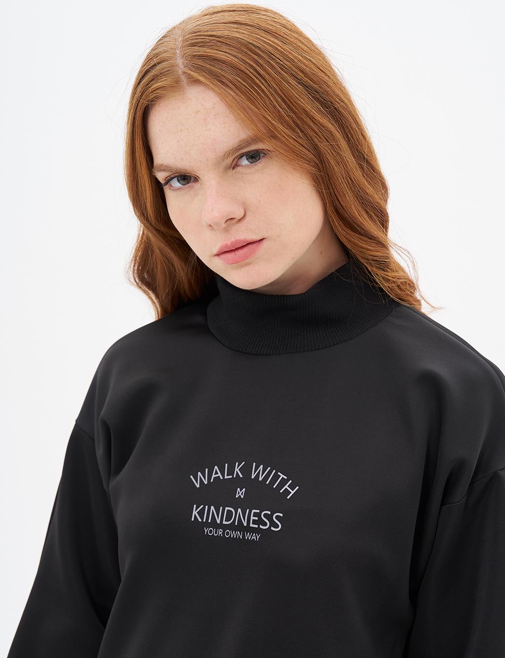 Belted and Slogan Embroidered Scuba Sweatshirt Black