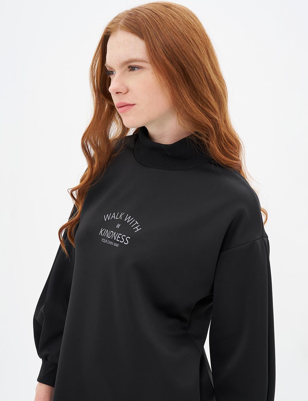 Belted and Slogan Embroidered Scuba Sweatshirt Black