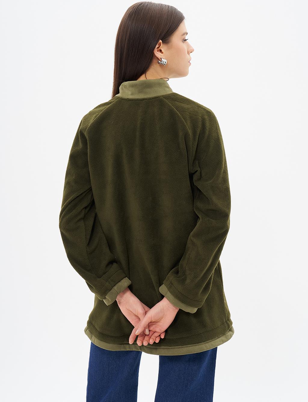 Zipper Detailed Plush Sweatshirt Khaki