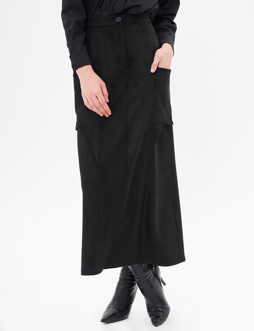 Elastic Waisted Suede Skirt Black