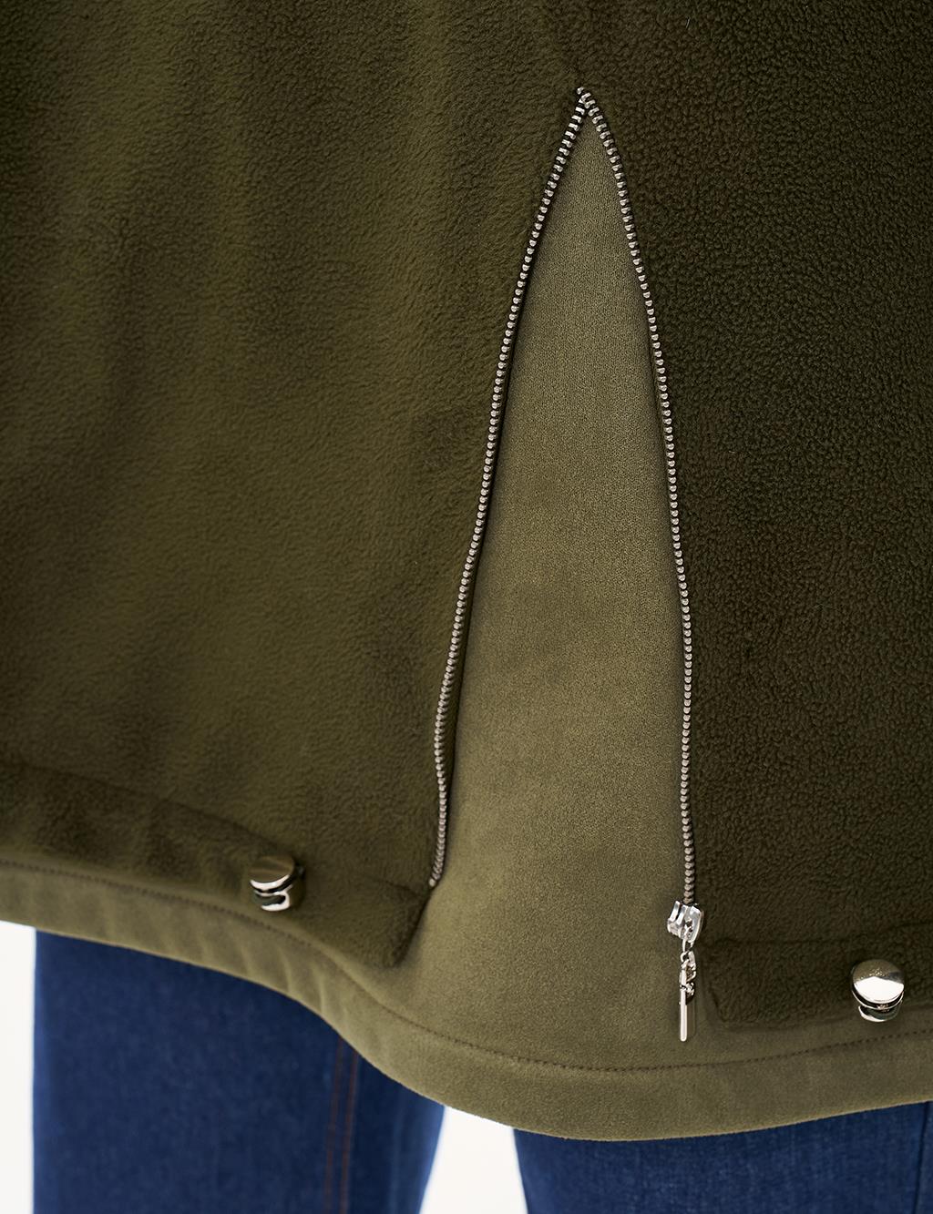 Zipper Detailed Plush Sweatshirt Khaki