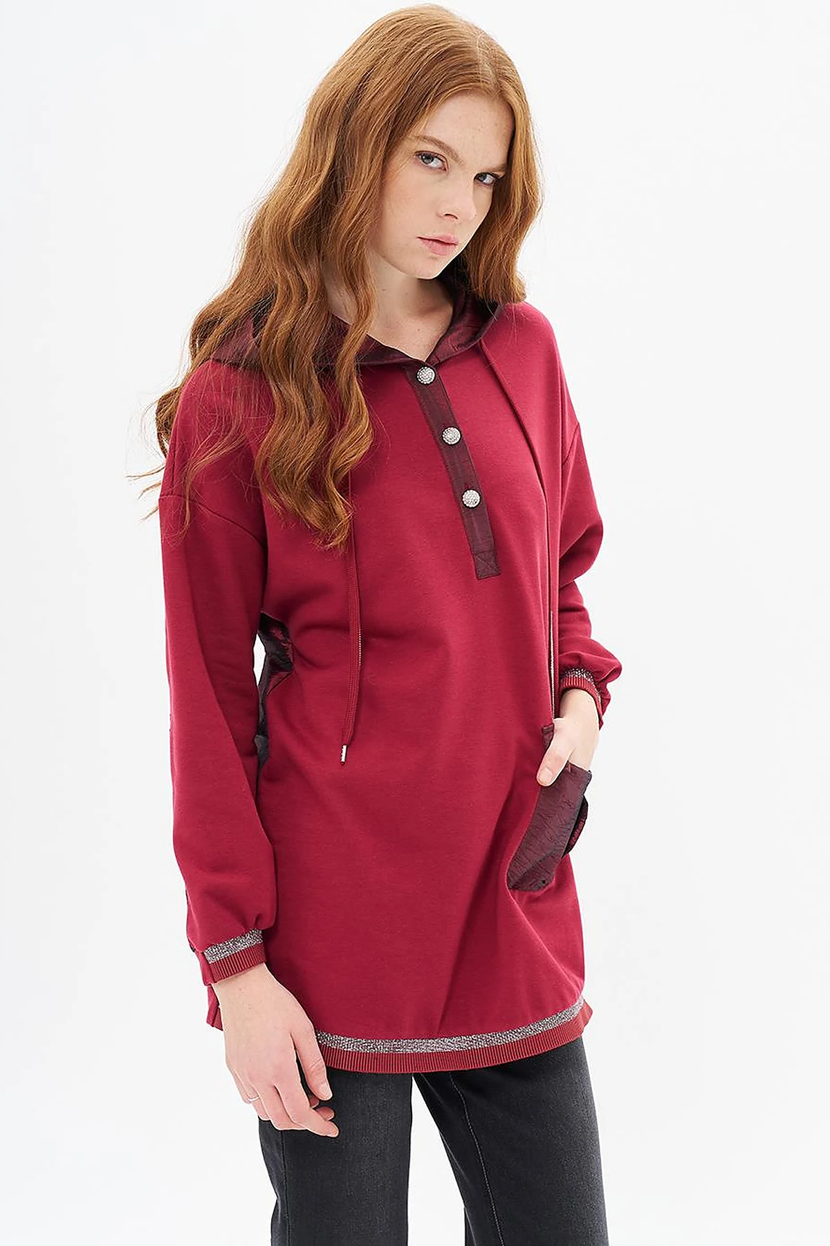 Shiny Stone Fabric Garnished 3 Thread Sweatshirt Red