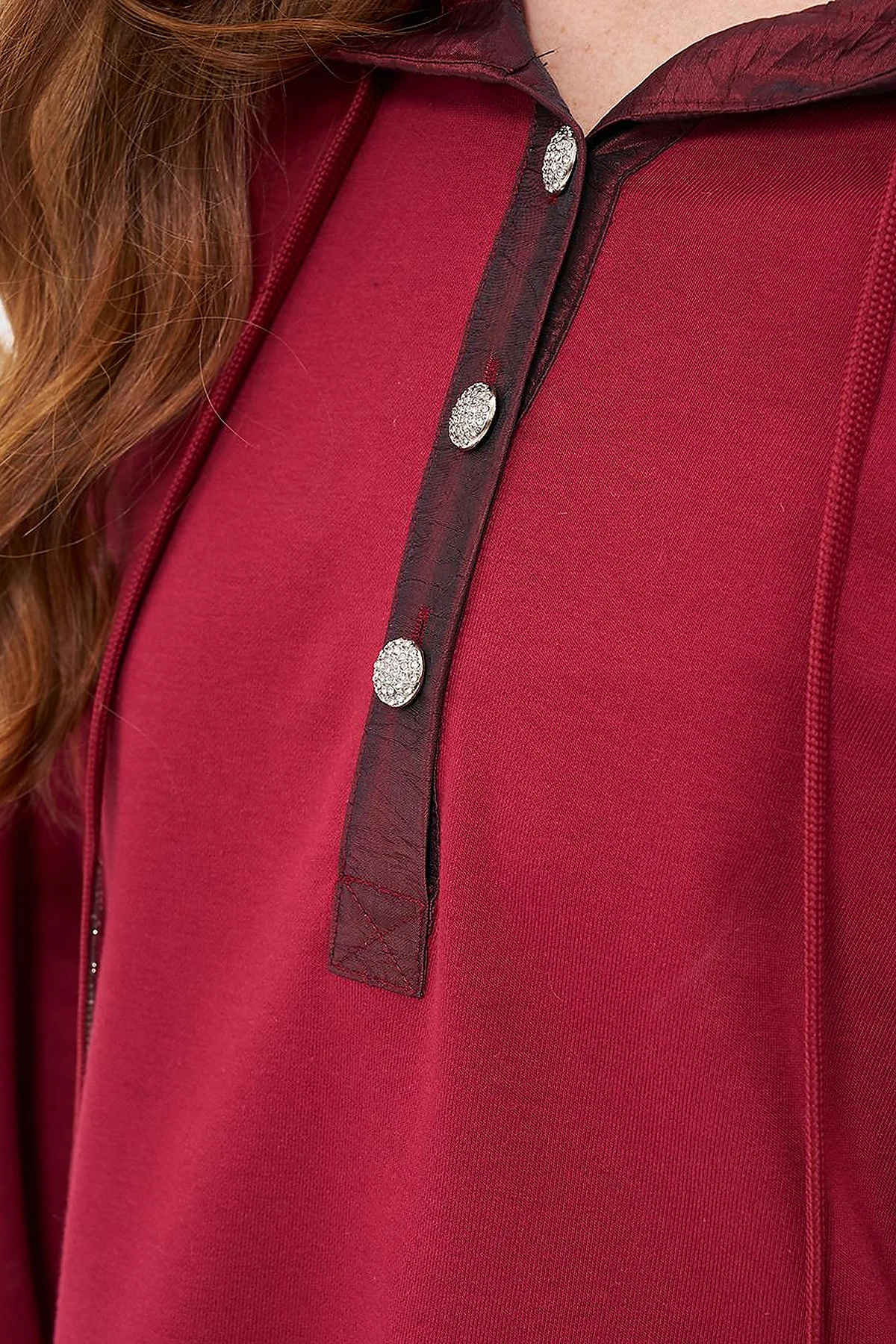 Shiny Stone Fabric Garnished 3 Thread Sweatshirt Red