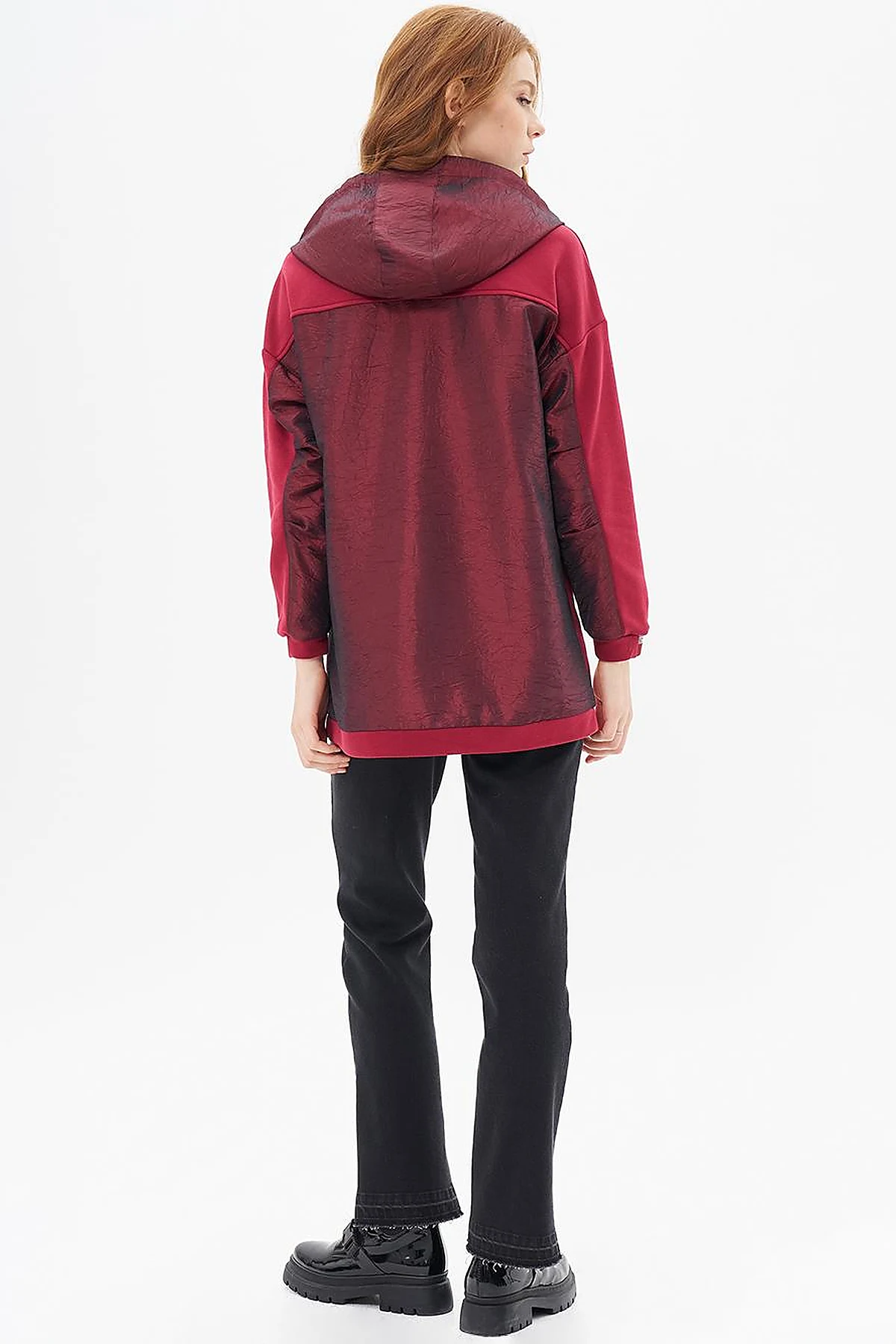 Shiny Stone Fabric Garnished 3 Thread Sweatshirt Red