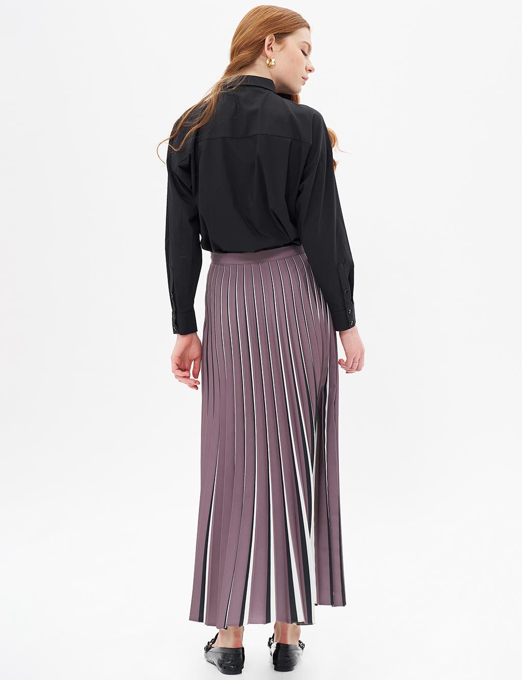 Striped Print Detailed Pleated Skirt Mink-Black