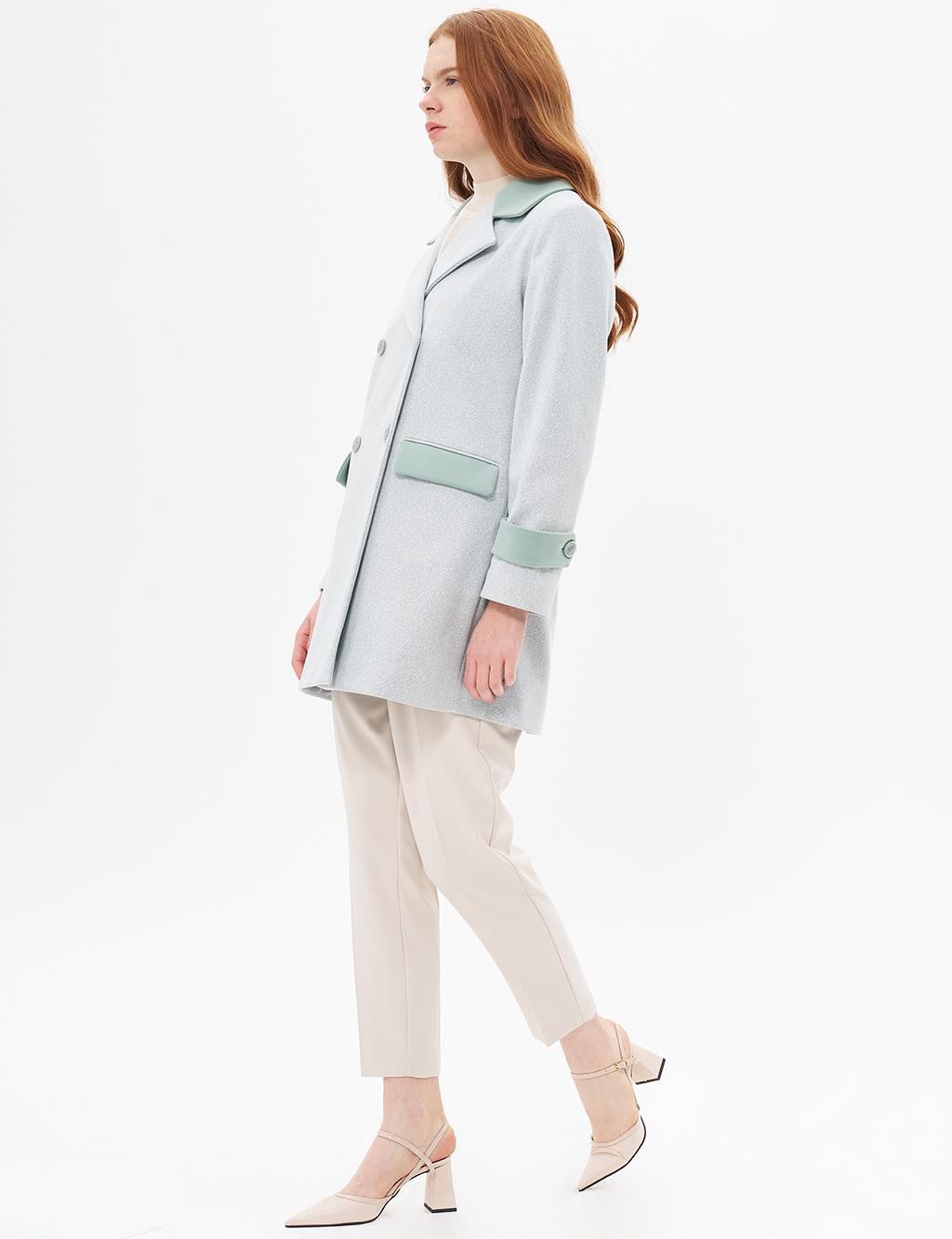 Faux Leather Garnished Cashmere Coat Ice Green