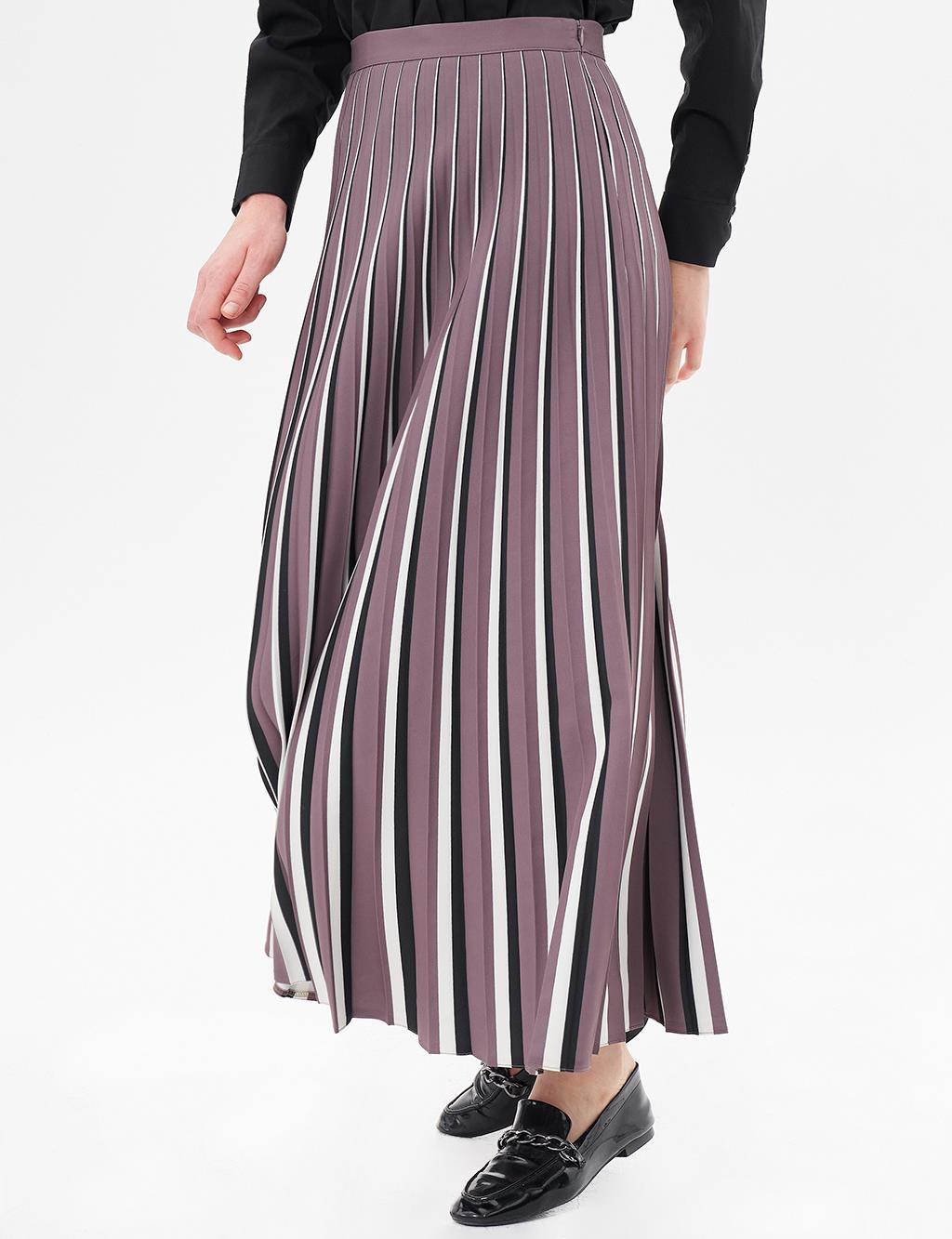 Striped Print Detailed Pleated Skirt Mink-Black