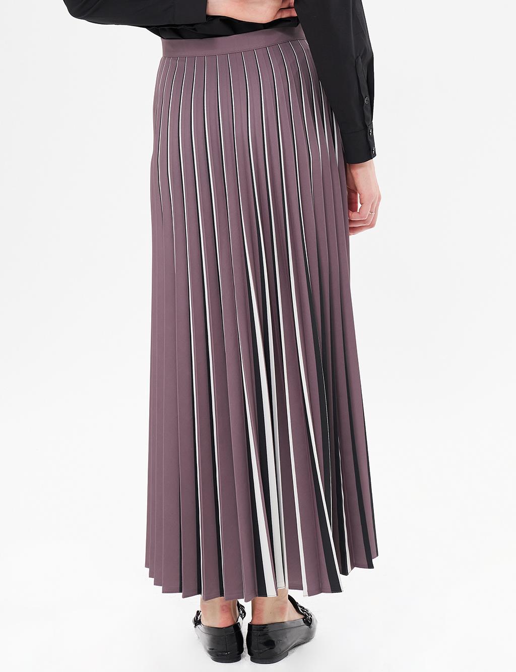 Striped Print Detailed Pleated Skirt Mink-Black