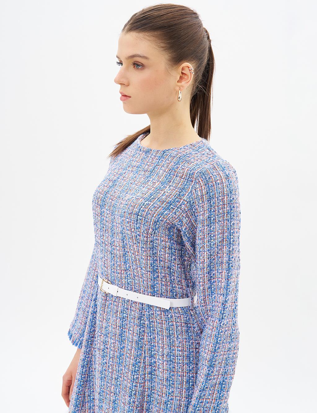 Tweed Dress with Tassels at Hem Aviator Blue