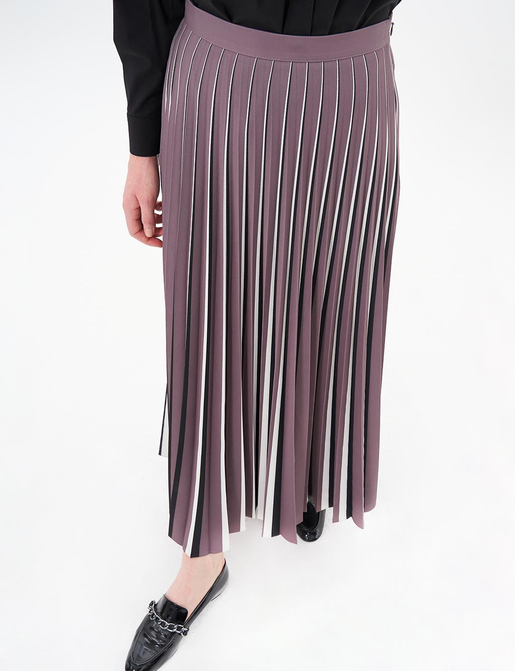 Striped Print Detailed Pleated Skirt Mink-Black