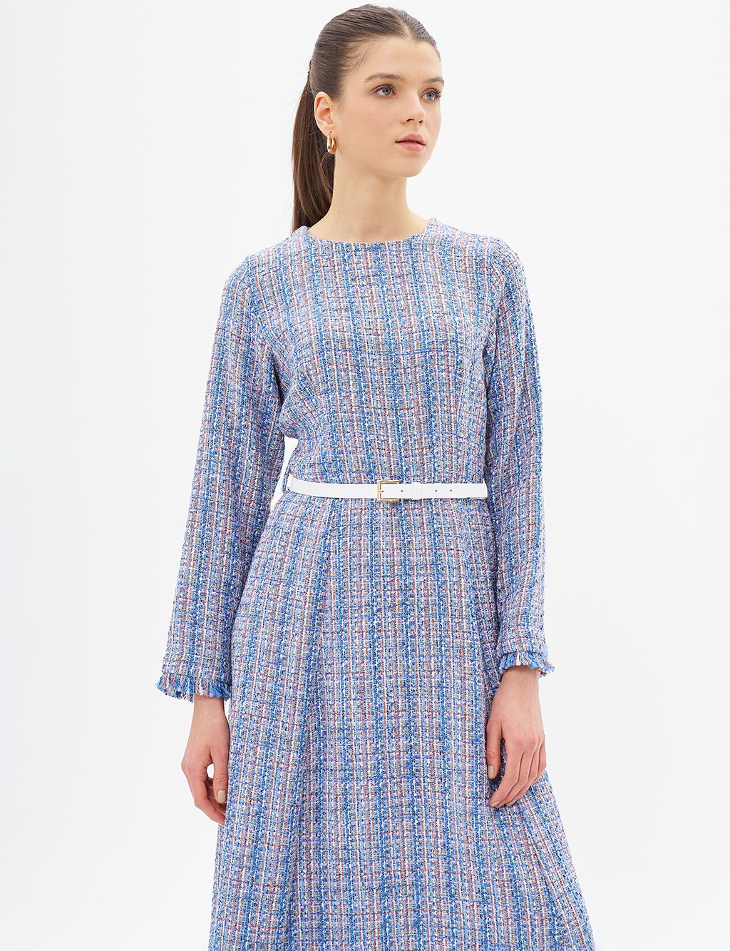 Tweed Dress with Tassels at Hem Aviator Blue