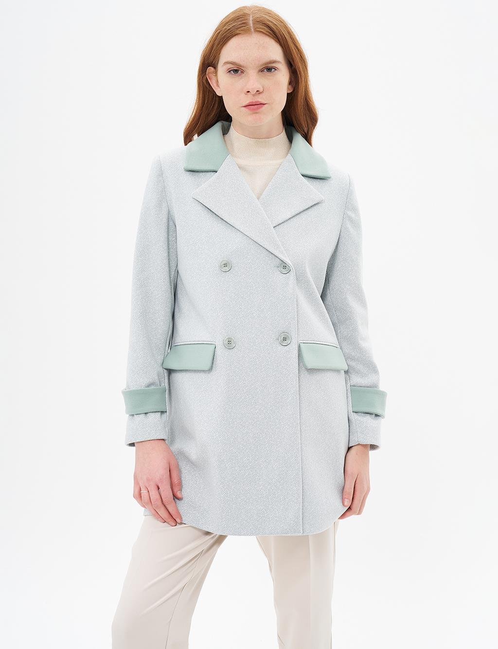 Faux Leather Garnished Cashmere Coat Ice Green