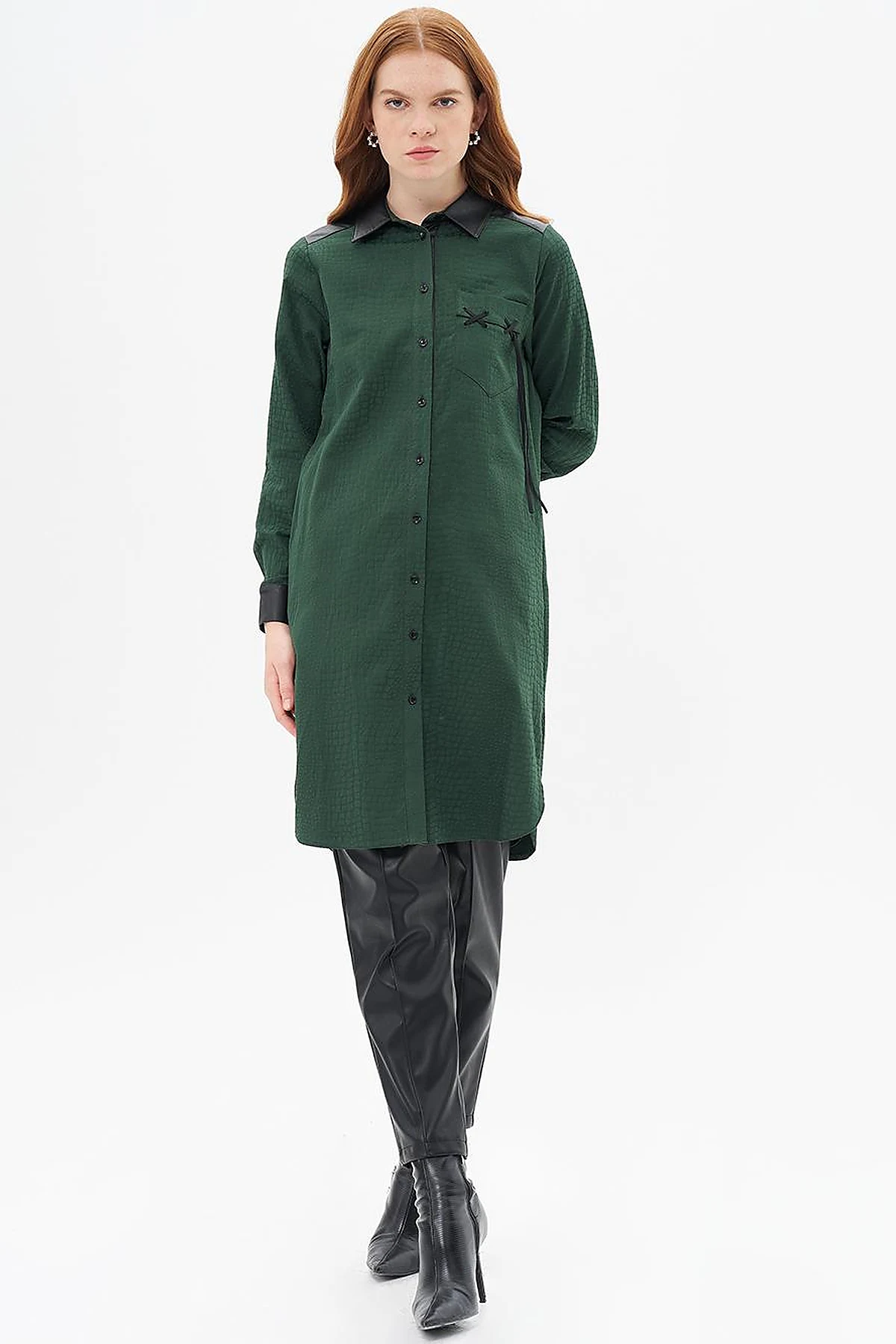 Animal Print Patterned Garnished Tunic Forest Green