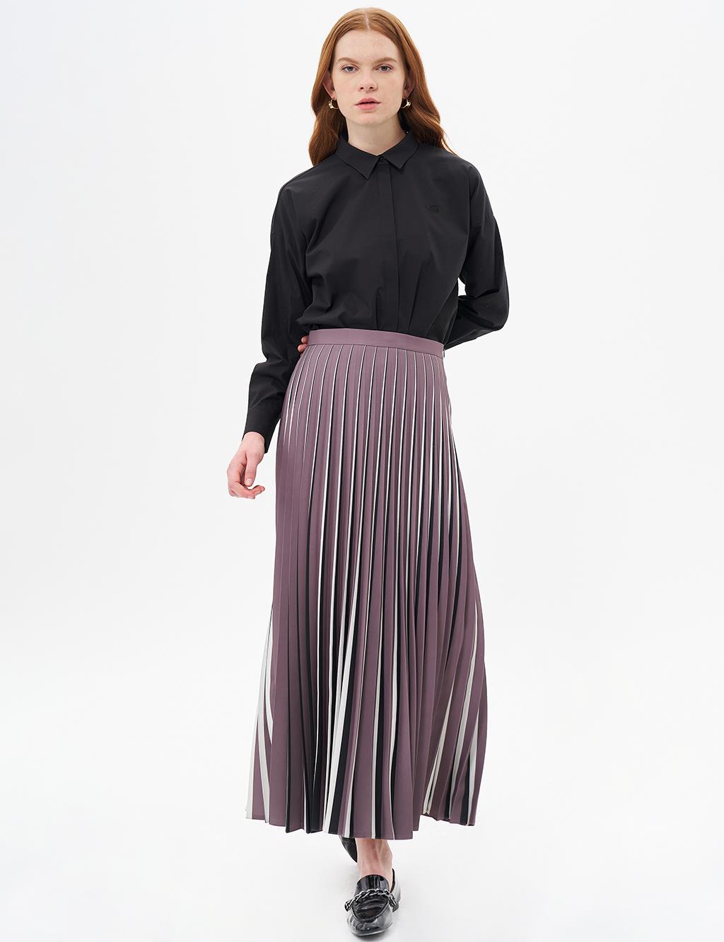 Striped Print Detailed Pleated Skirt Mink-Black