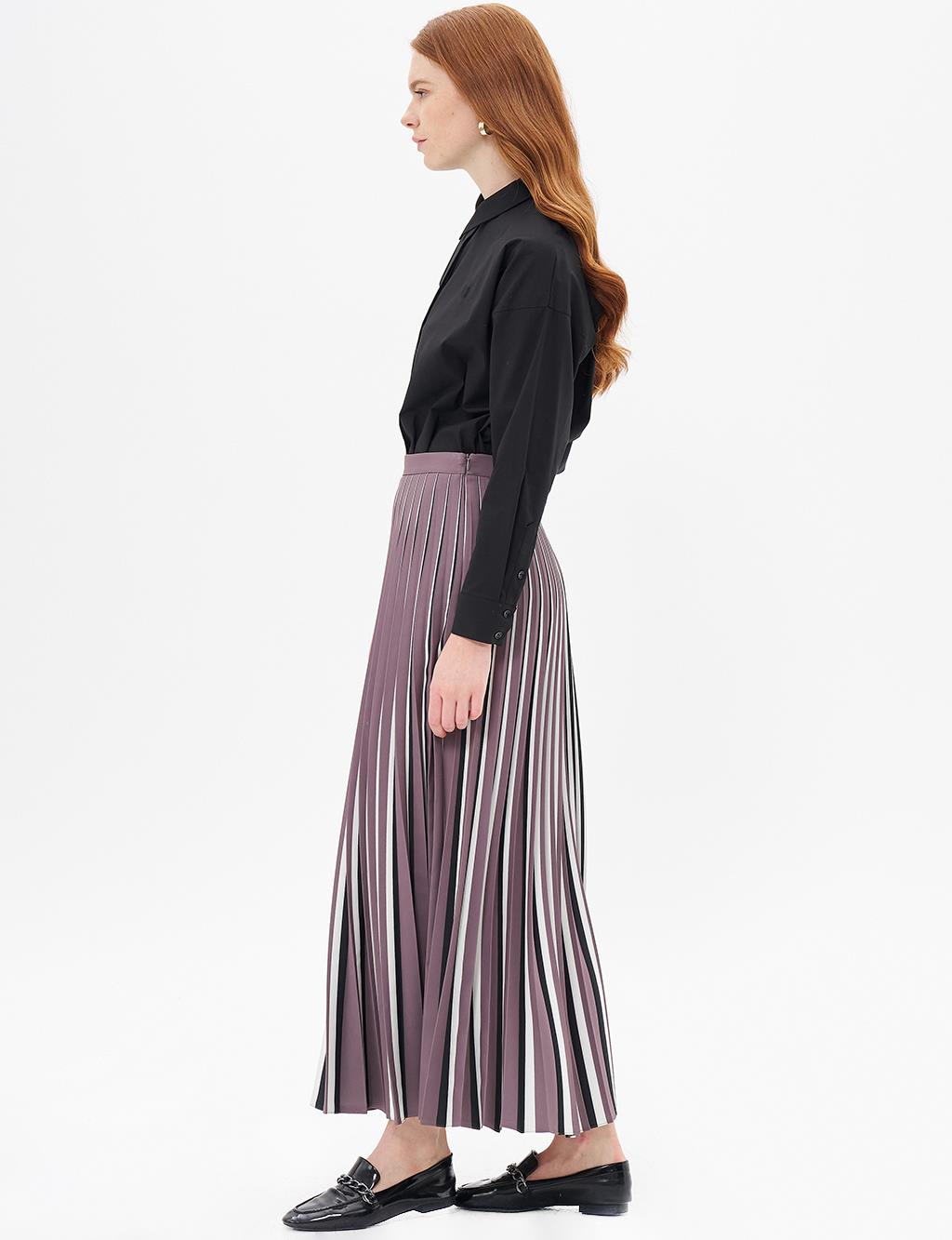 Striped Print Detailed Pleated Skirt Mink-Black