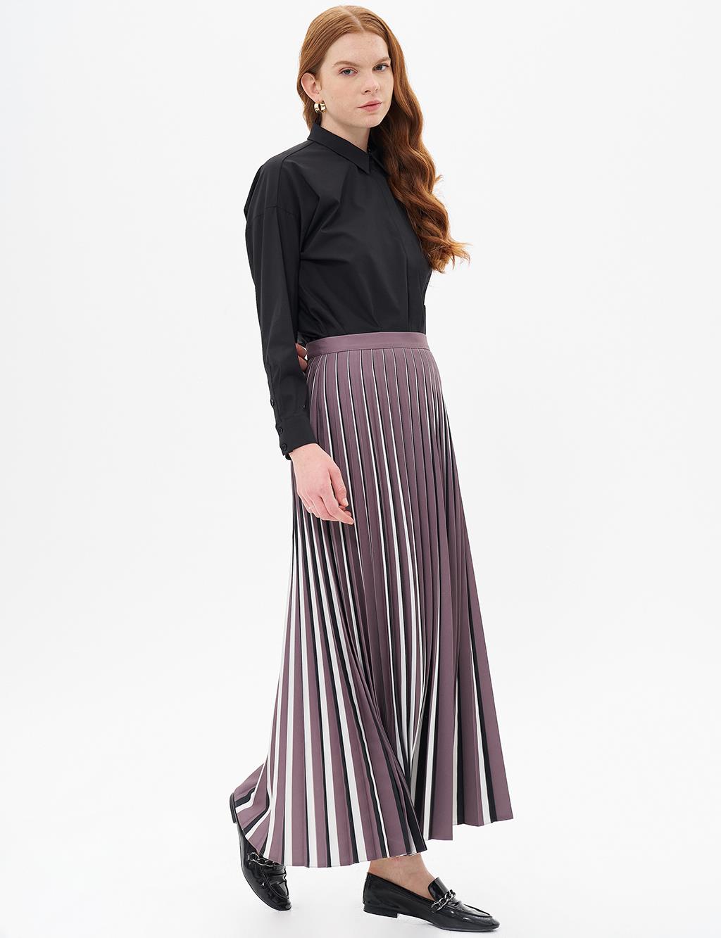 Striped Print Detailed Pleated Skirt Mink-Black