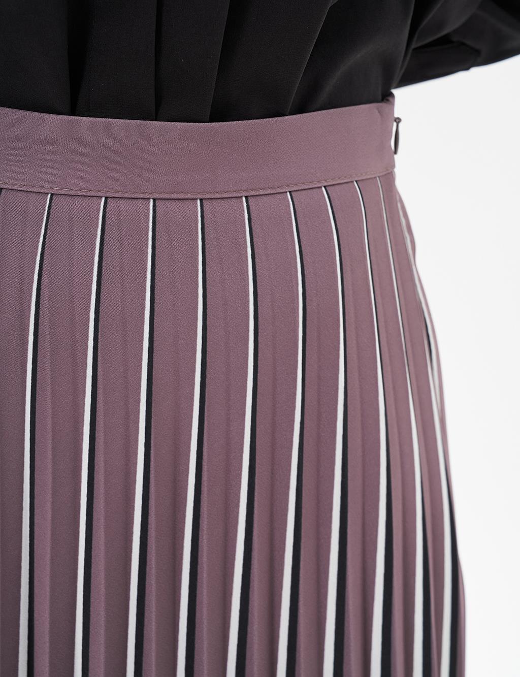 Striped Print Detailed Pleated Skirt Mink-Black