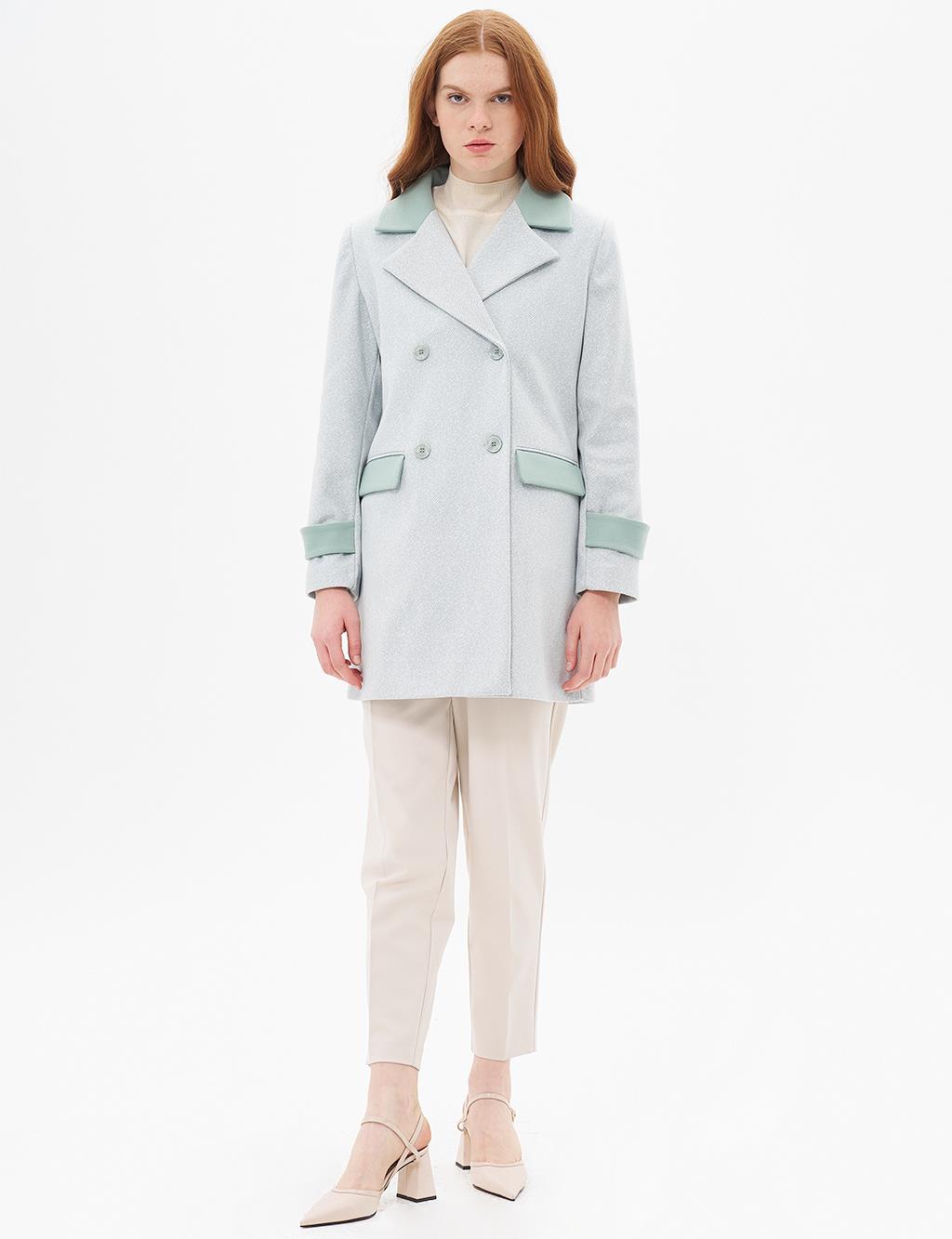 Faux Leather Garnished Cashmere Coat Ice Green