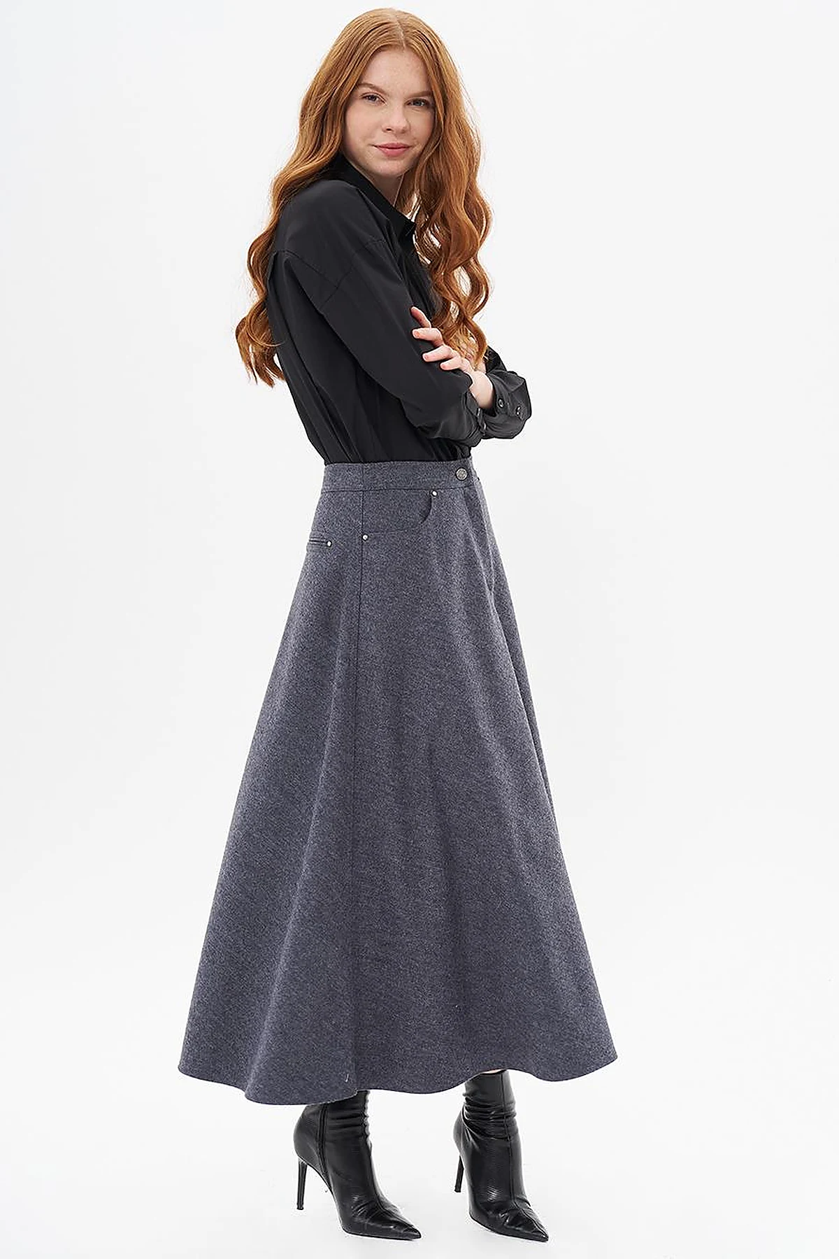 Zipper Detailed Felt Skirt Dark Gray