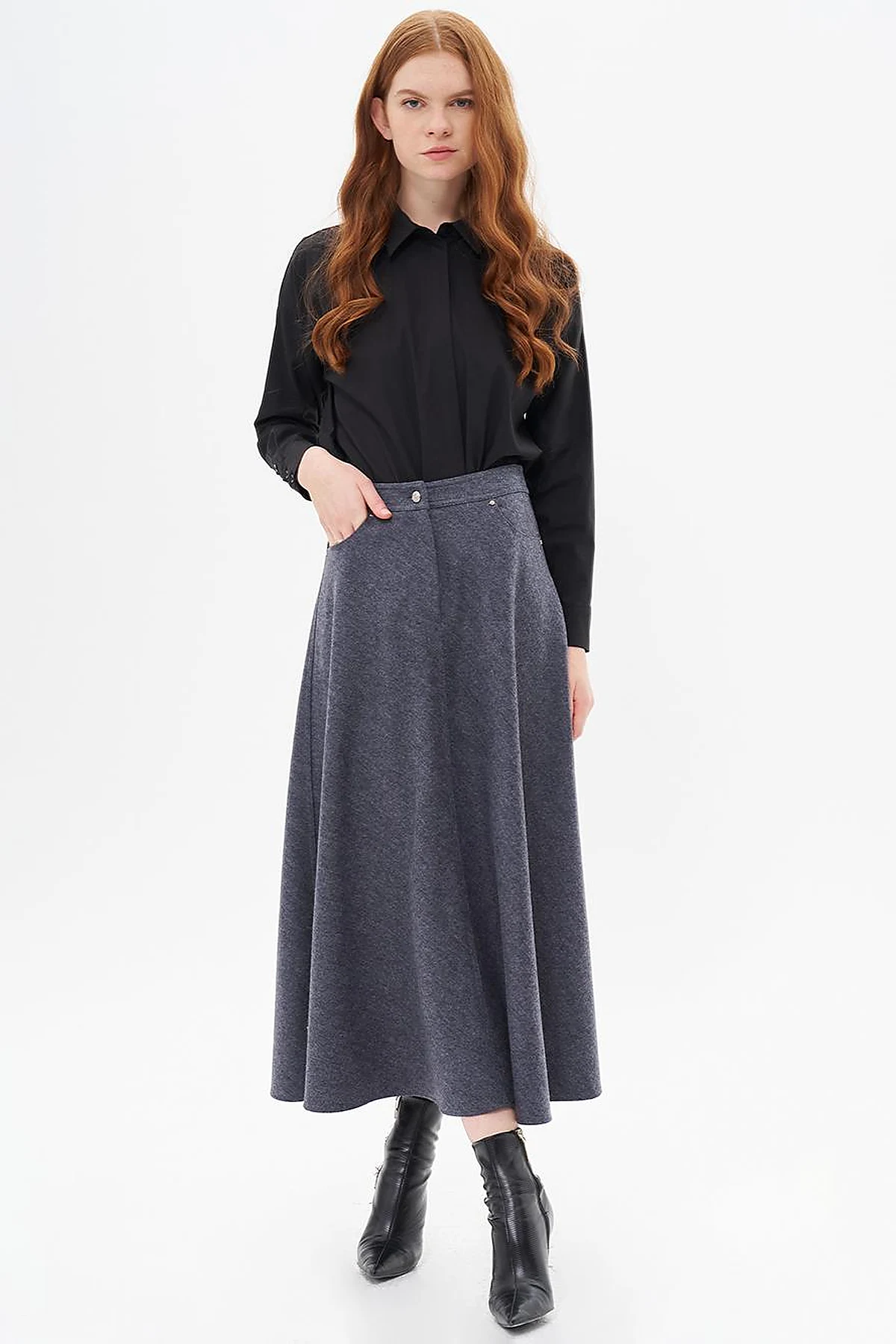 Zipper Detailed Felt Skirt Dark Gray